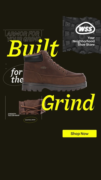 work boots, mens work boots, leather boots, lace up boots, durable work shoes, bestseller push, brand awareness, minimalist, modern typography, bold, energetic, brown, yellow, black